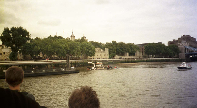 Sinking boat in front of the Tower of London