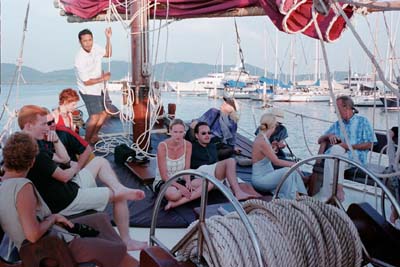 Waiting on the bow of the Chinese junk chartered for the reception