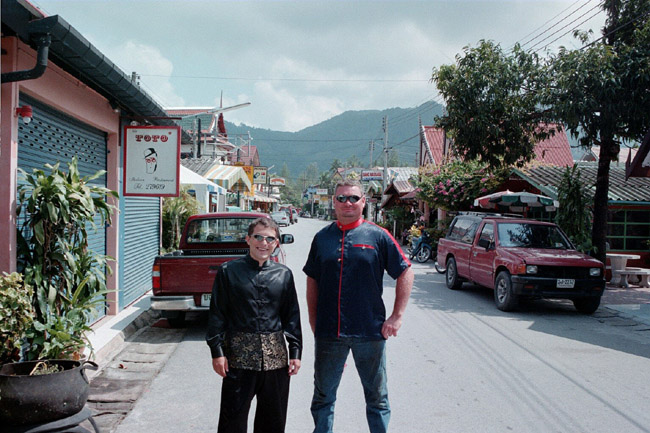 Colin and Quintin in downtown Kamala Beach, on the way to the wedding
