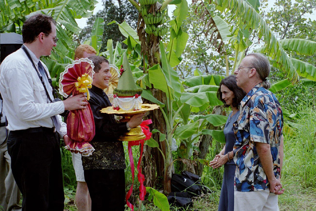 Colin and the groom's men presenting gifts to the parents to prove Colin is worthy of being Laura's husband